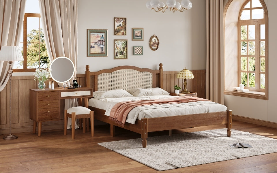 3 Pieces Bedroom Set With Queen Size Wooden Bed Frame, 1 Vintage Nightstand And 1 Makeup Vanity Set With Stool,Walnut Queen Walnut 3 Piece Set Wood