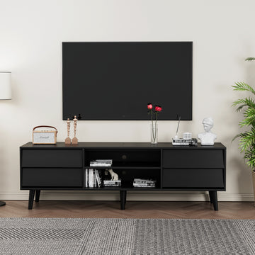 63 Inch Tv Stand Features Vintage Style And Bevel Design, Tv Stand With Drawers, Entertainment Center For Living Room Bedroom, Tv Media Console Black 60 69 Inches Mdf