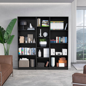 Durant 3 Piece Home Bookcase Set, 67" Wide With 13 Shelvesliving Room Set Set Black Black Particle Board