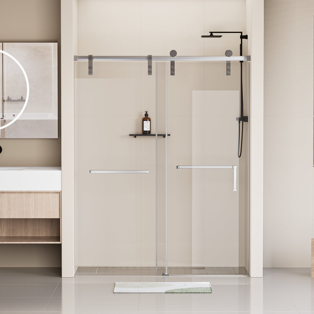 60" W X 76" H Frameless Soft Closing Shower Door, Single Sliding Shower Door, 5 16" 8Mm Clear Tempered Glass Shower Door Explosion Proof Film, Stainless Steel Hardware, Chrome 24D211 60C Combo Chrome Bathroom Tempered Glass