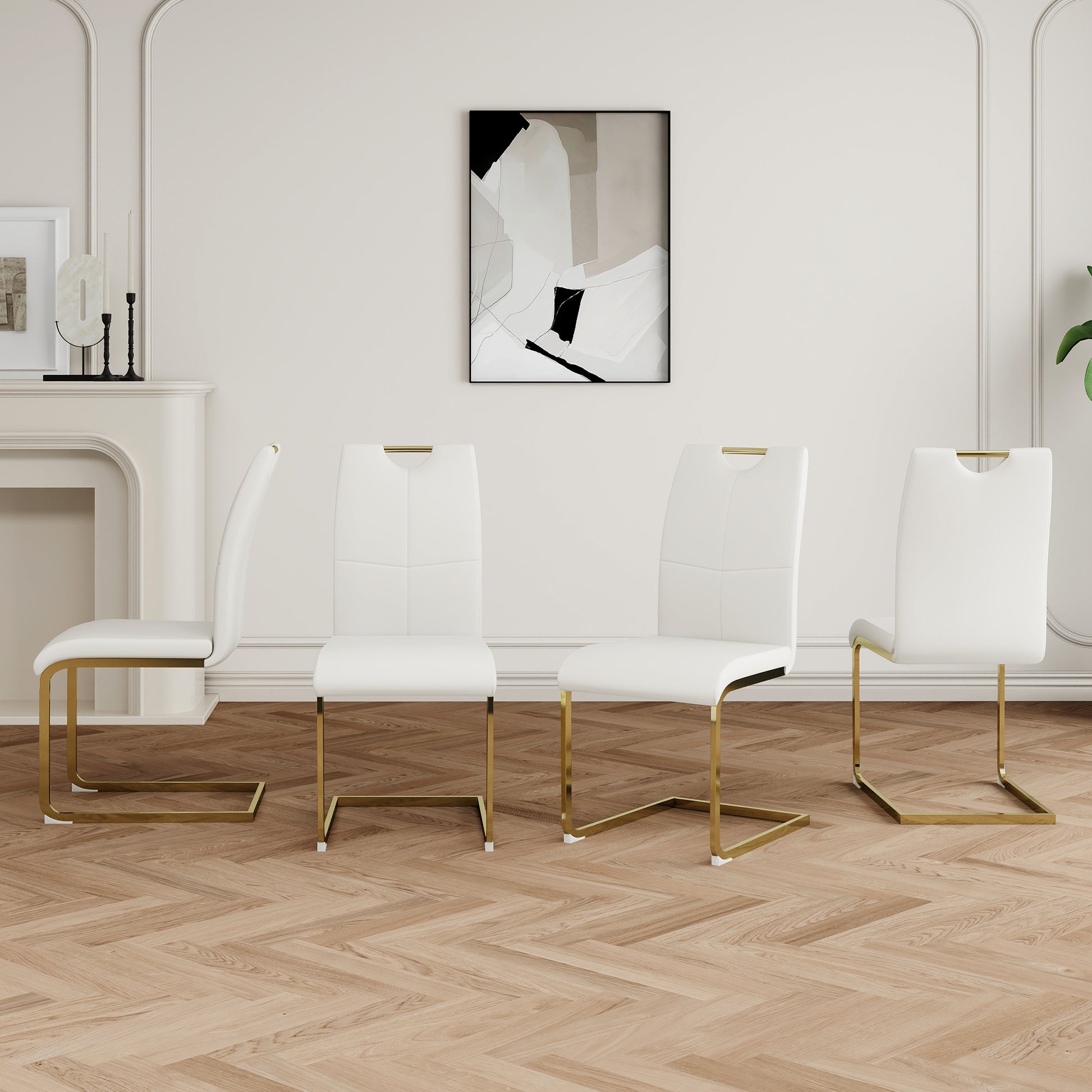 Modern Dining Chairs With Faux Leather Padded Seat Dining Living Room Chairs Upholstered Chair With Gold Metal Legs Design For Kitchen, Living, Bedroom, Dining Room Side Chairs Set Of 4 White Gold Metal