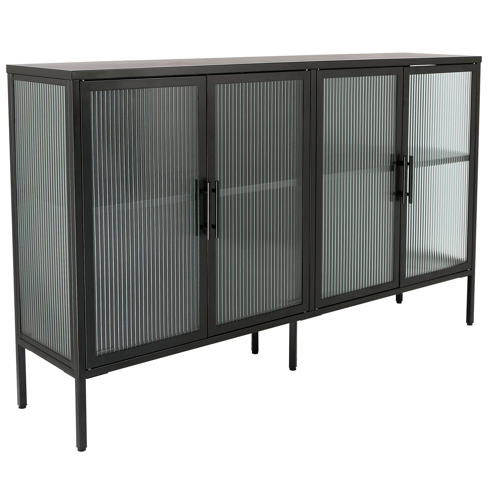 Stylish 4 Door Tempered Glass Cabinet With 4 Glass Doors Adjustable Shelf And Feet Anti Tip Dust Free Fluted Glass Kitchen Credenza Black Black Tempered Glass Sheet Metal Plastic