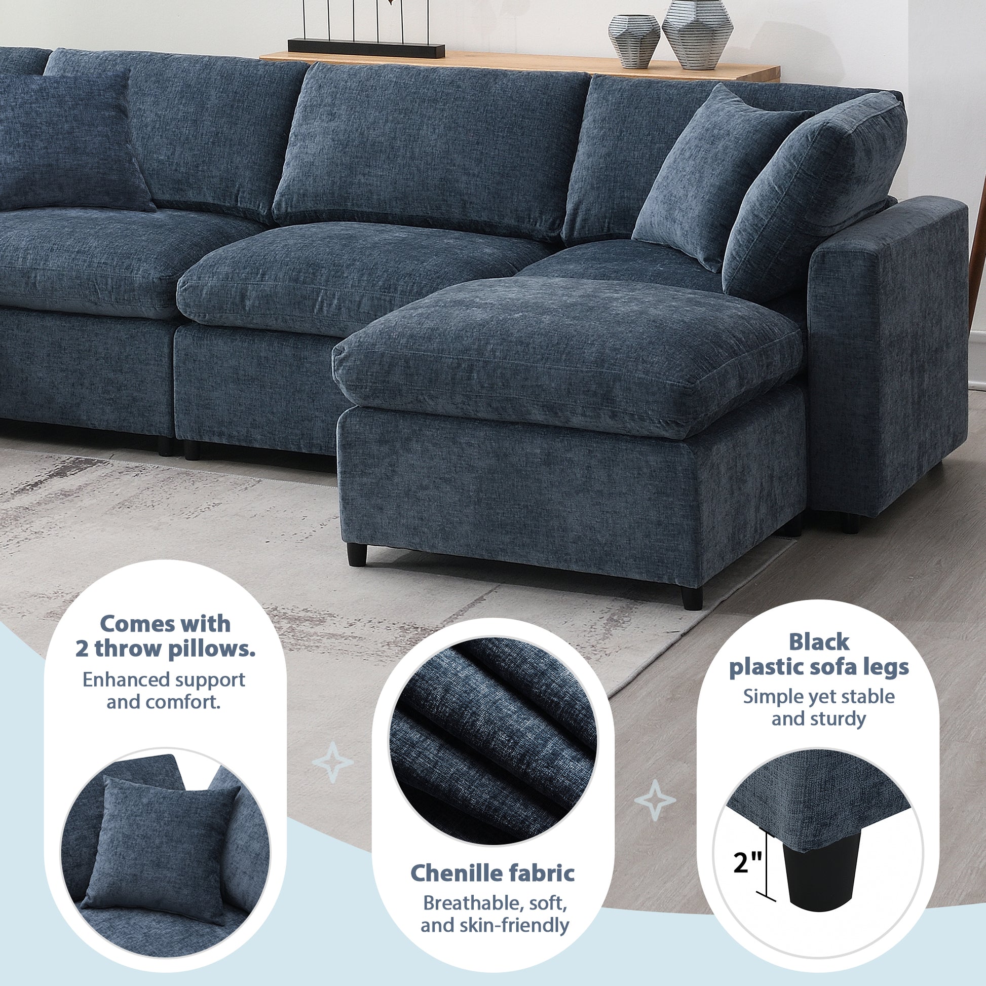 130*65" Modern Modular Cloud Sofa Bed, 6 Seat Chenille Sectional Couch Set With Ottoman,Free Combination,Convertible U Shaped Sleeper Sofa For Living Room, Apartment, 3 Colors Dark Blue Chenille 6 Seat