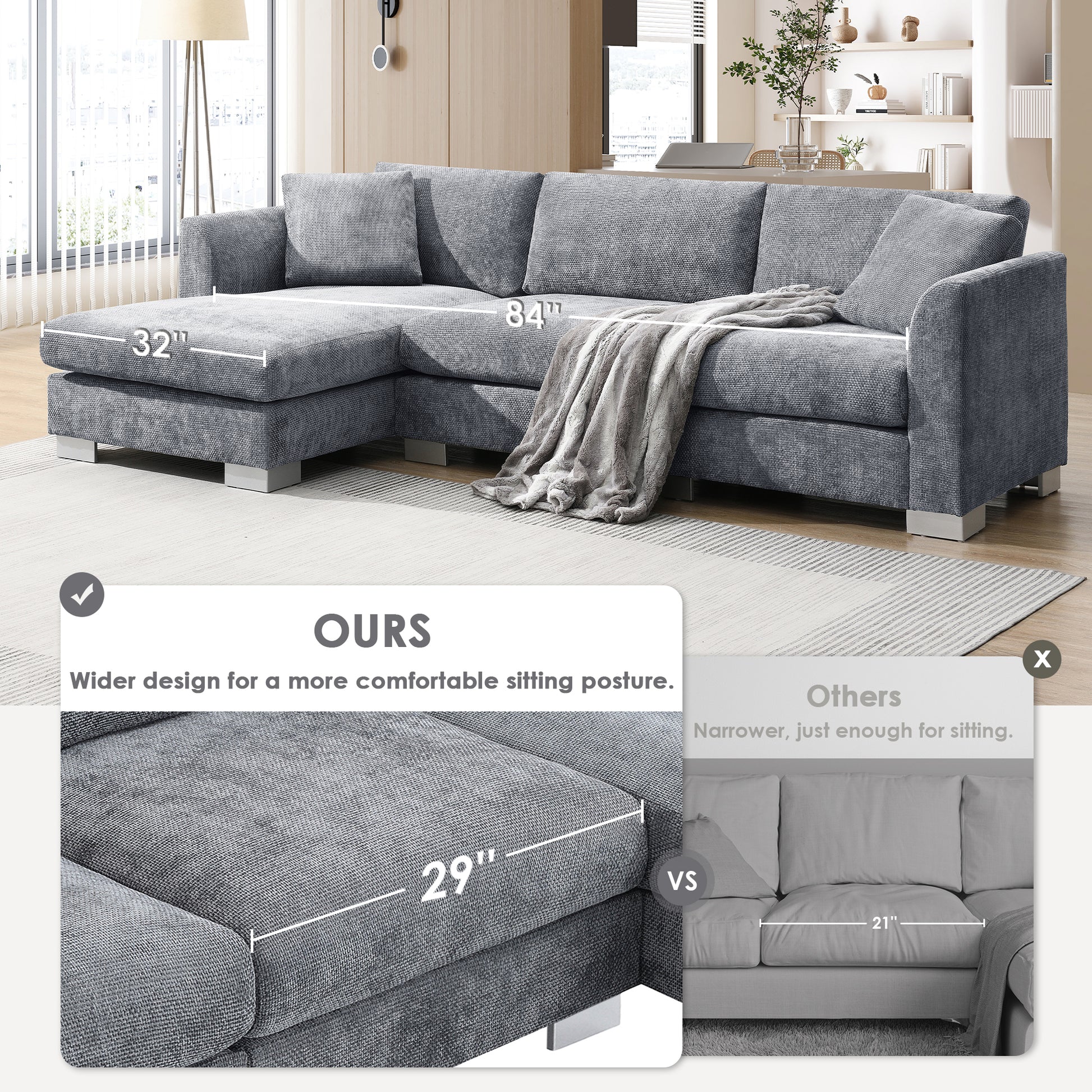 96*56" Modern Cloud Sectional Sofa,L Shaped Luxury Couch Set With 2 Free Pillows,4 Seat Chenille Indoor Furniture With Oversized Chaise For Living Room,Apartment,Office,3 Colors Gray Chenille 4 Seat