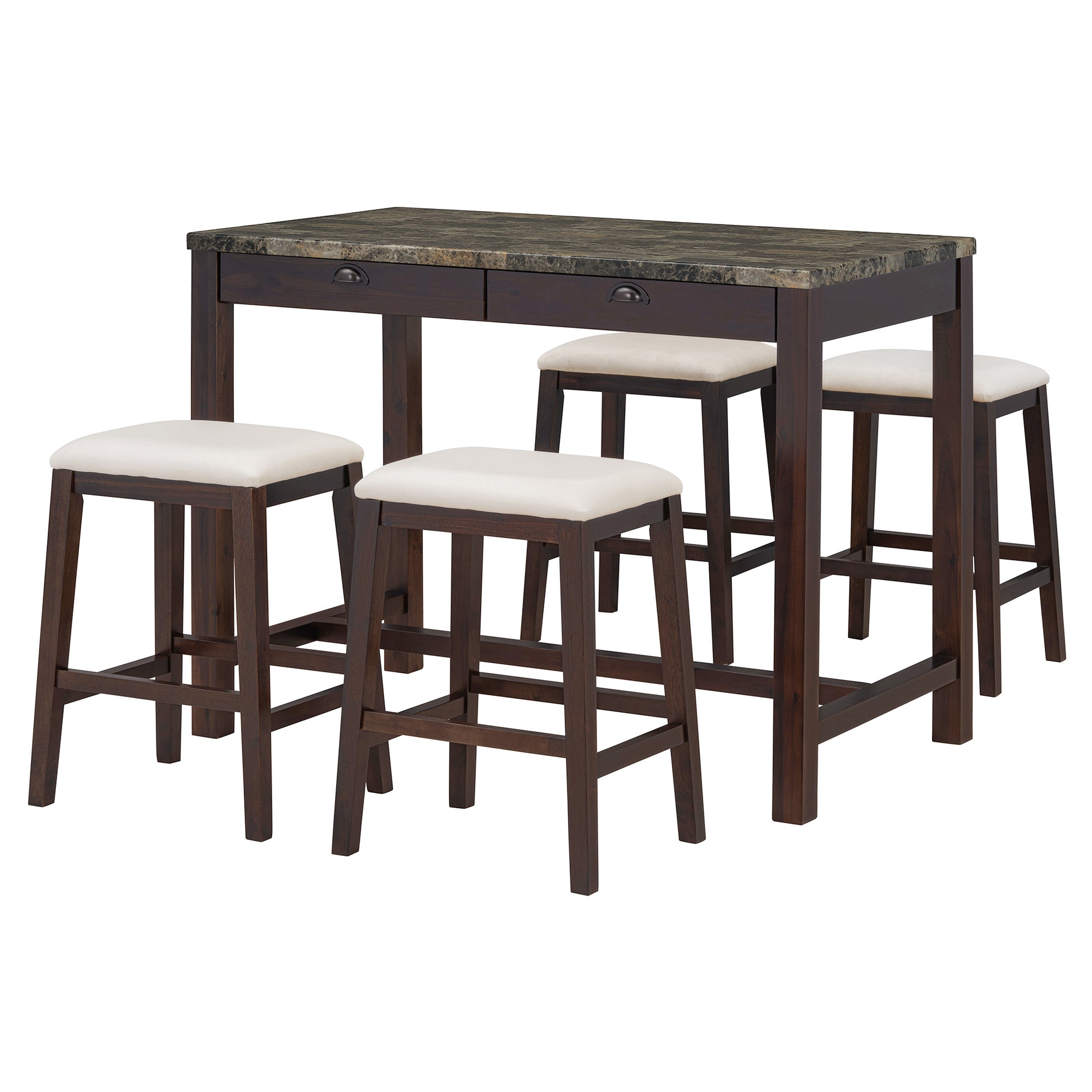 3 Piece Modern Faux Marble Versatile Bar Table Set With Storage Drawers And Padded Stools, Ideal For Space Saving Dining Nooks Or Small Kitchens Walnut Walnut Solid Wood Mdf