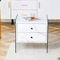 Double Drawer Bedside Table. The Board Surface Is Mdf Sticker, And Both Sides Are Transparent Tempered Glass. The Design Is Simple And Elegant, With Excellent Storage Functions. White Mdf