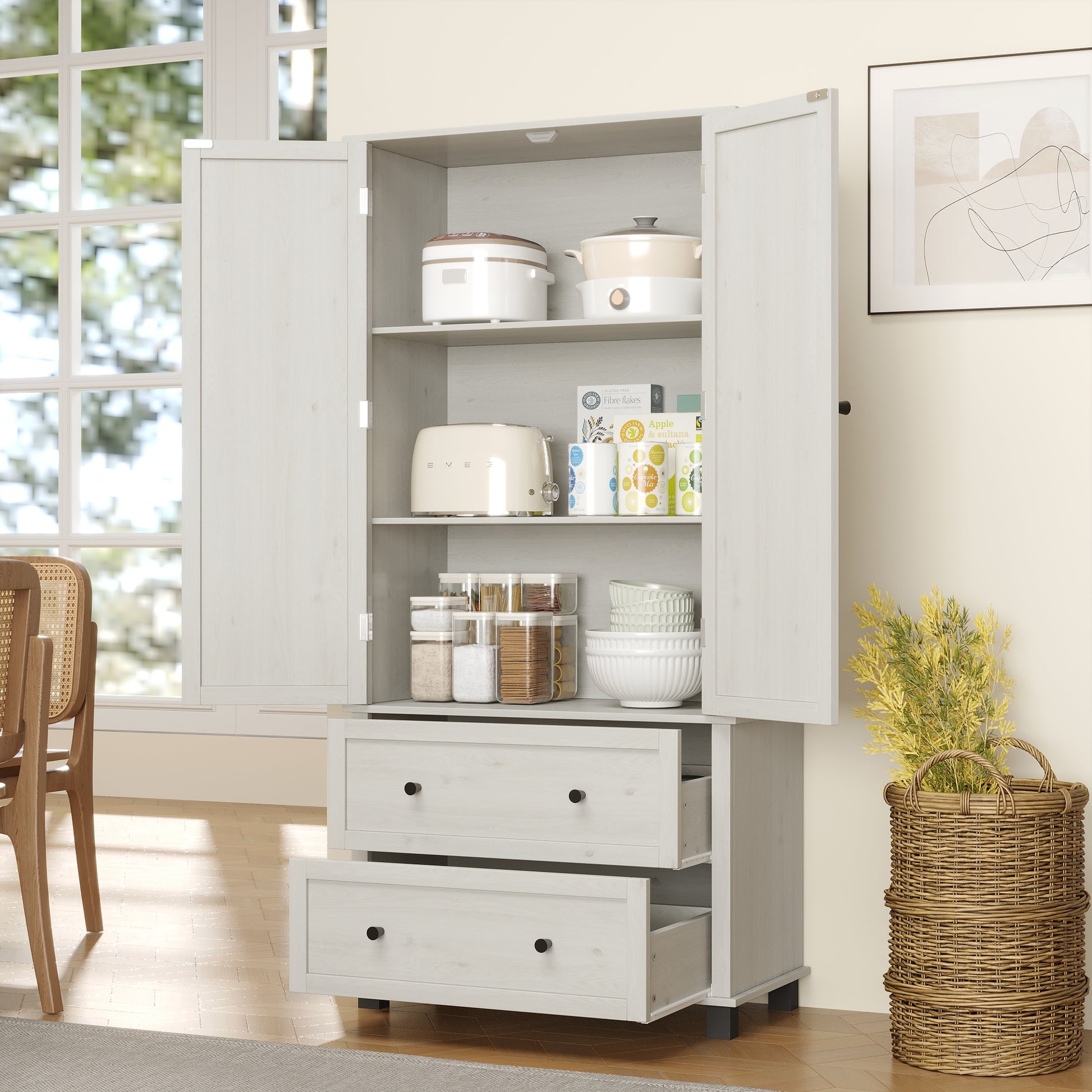 70" Tall Kitchen Pantry Storage Cabinet With 2 Drawers And 3 Shelves, Minimalist Wood Large Storage Cabinet For Kitchen, Dining Room, Living Room, Bathroom Antique White Antique White White Kitchen Minimalist Particle Board