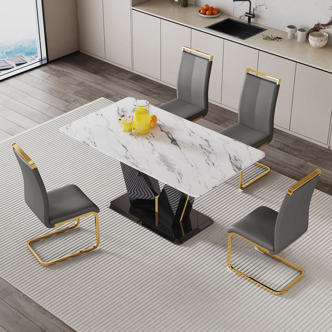 Table And Chair Set, White Imitation Marble Texture Glass Tabletop, Black Mdf Table Legs, Stable And Beautiful. Modern Simple Dining Table, Comfortable Seating. Black Grey Seats 4 Mdf Glass