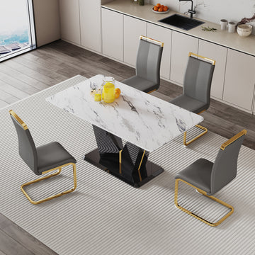 Table And Chair Set, White Imitation Marble Texture Glass Tabletop, Black Mdf Table Legs, Stable And Beautiful. Modern Simple Dining Table, Comfortable Seating. Black Grey Seats 4 Mdf Glass