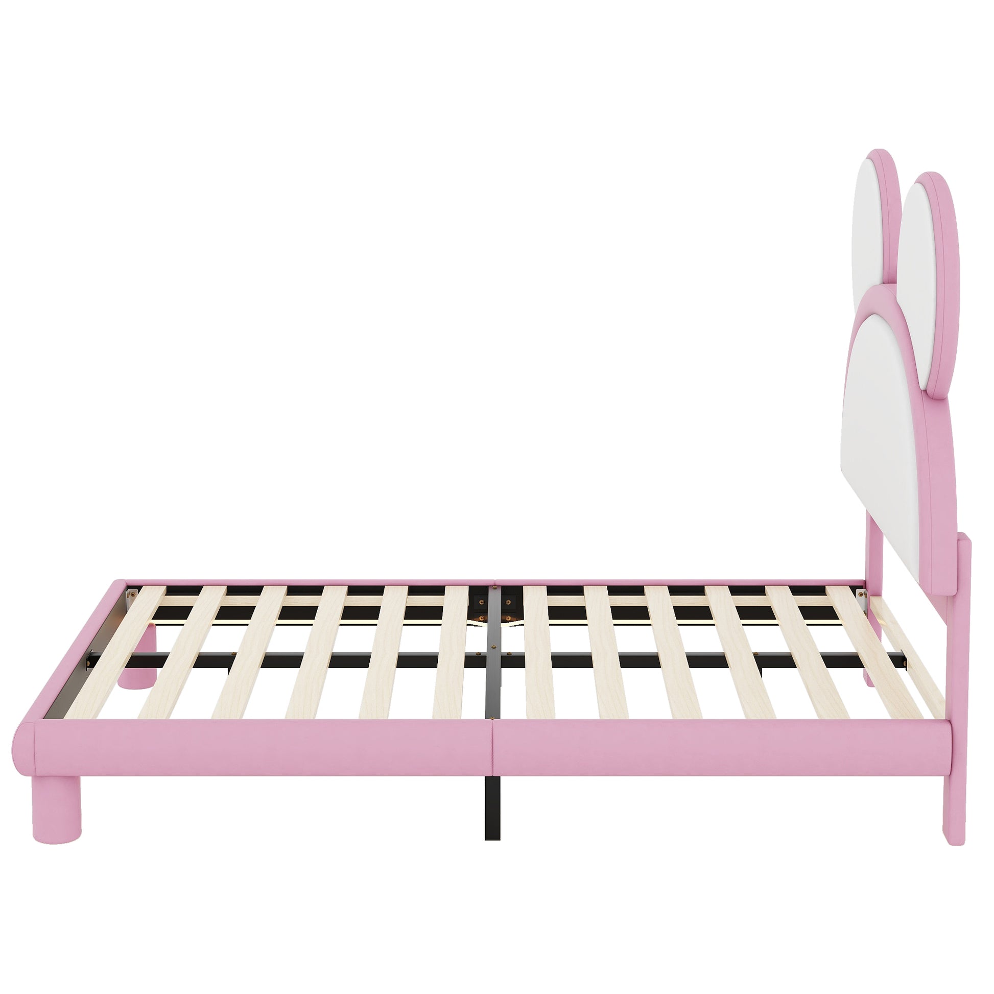 Full Size Upholstered Platform Bed With Cartoon Ears Shaped Headboard And Led, White&Pink Box Spring Not Required Full White Pink Bedroom Bed Frame Faux Leather Upholstered
