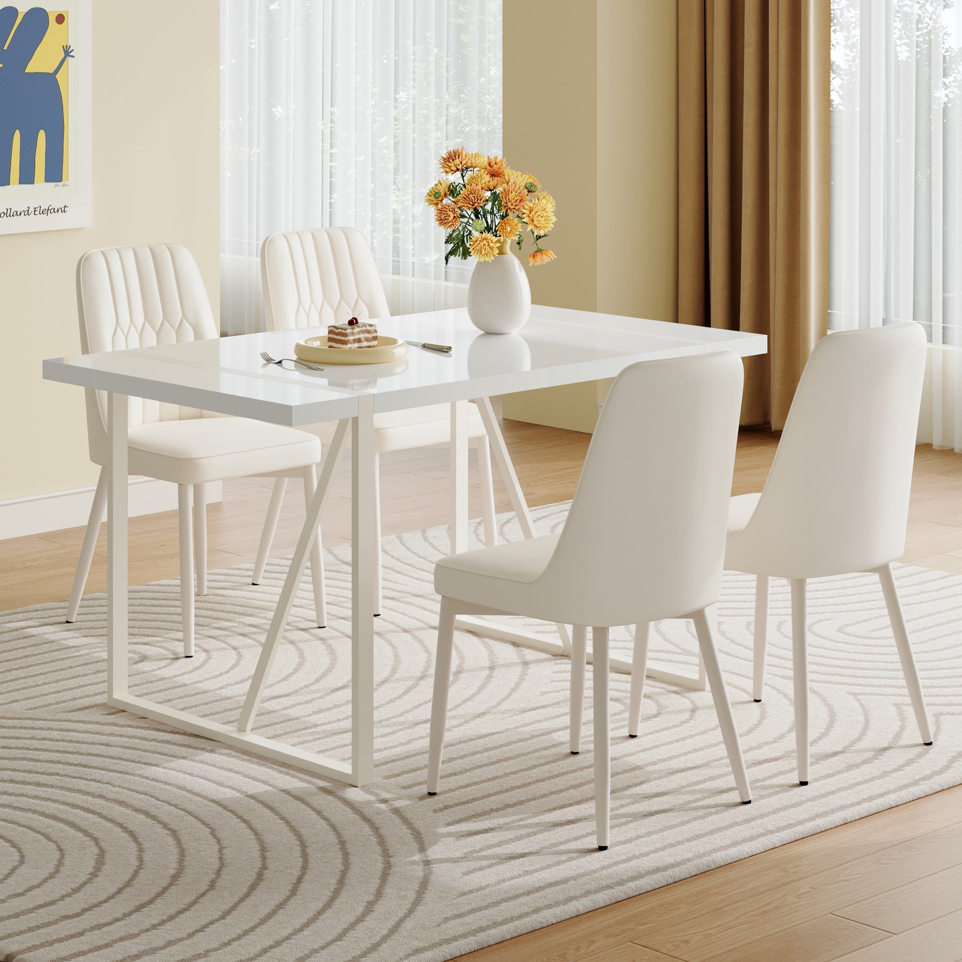 55"X31.5" Cream Style White Mdf Dining Table Set With 4 Armless Cream Style Chairs.Mdf Tabletop And Metal Frame Legs.Adding A Warm And Gentle Atmosphere To Your Family. White Seats 4 Mdf Metal