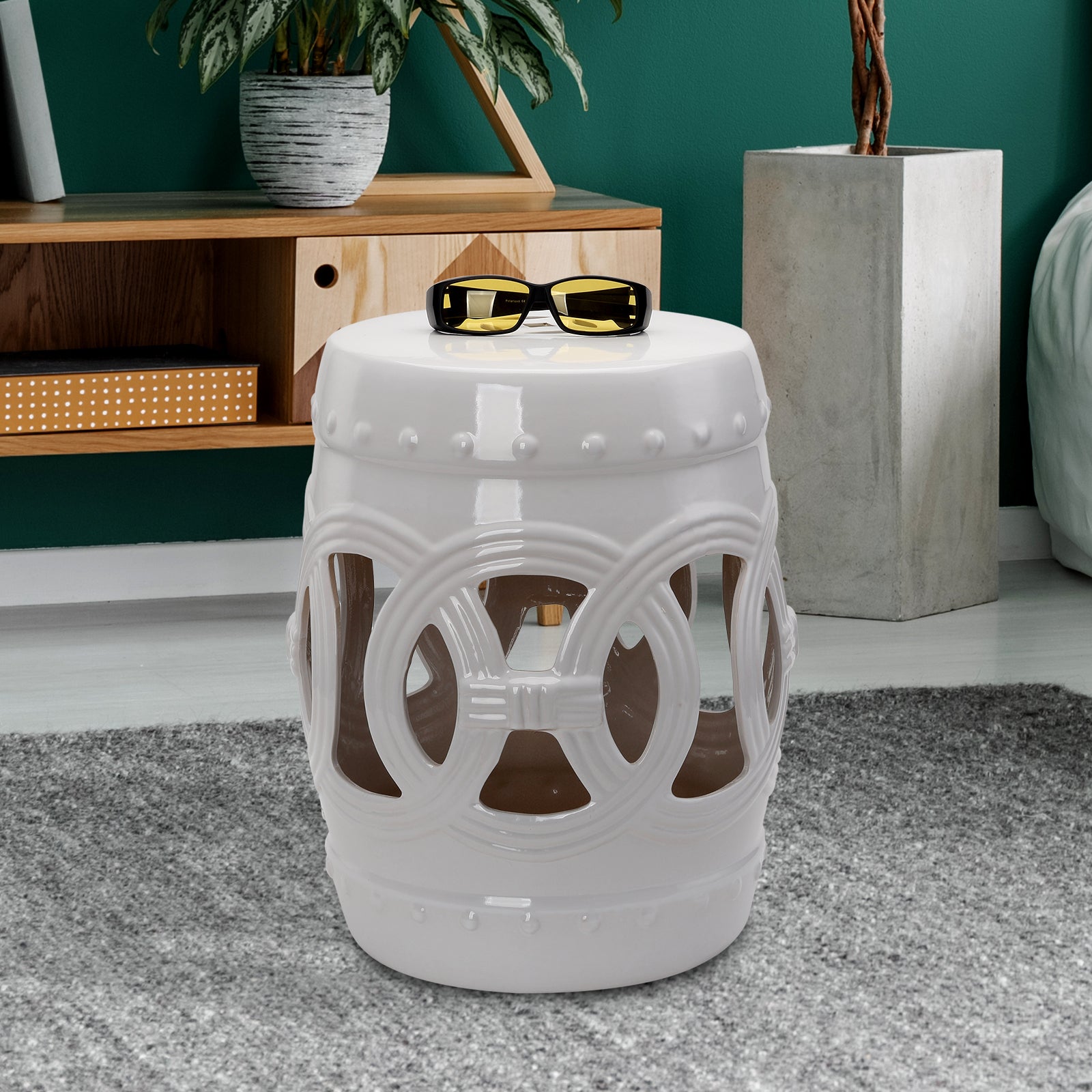 Outsunny 14" X 17" Ceramic Garden Stool With Double Coin Knotted Ring Design & Strong Glazed Material, Decorative End Table, Home Collection, White White Porcelain