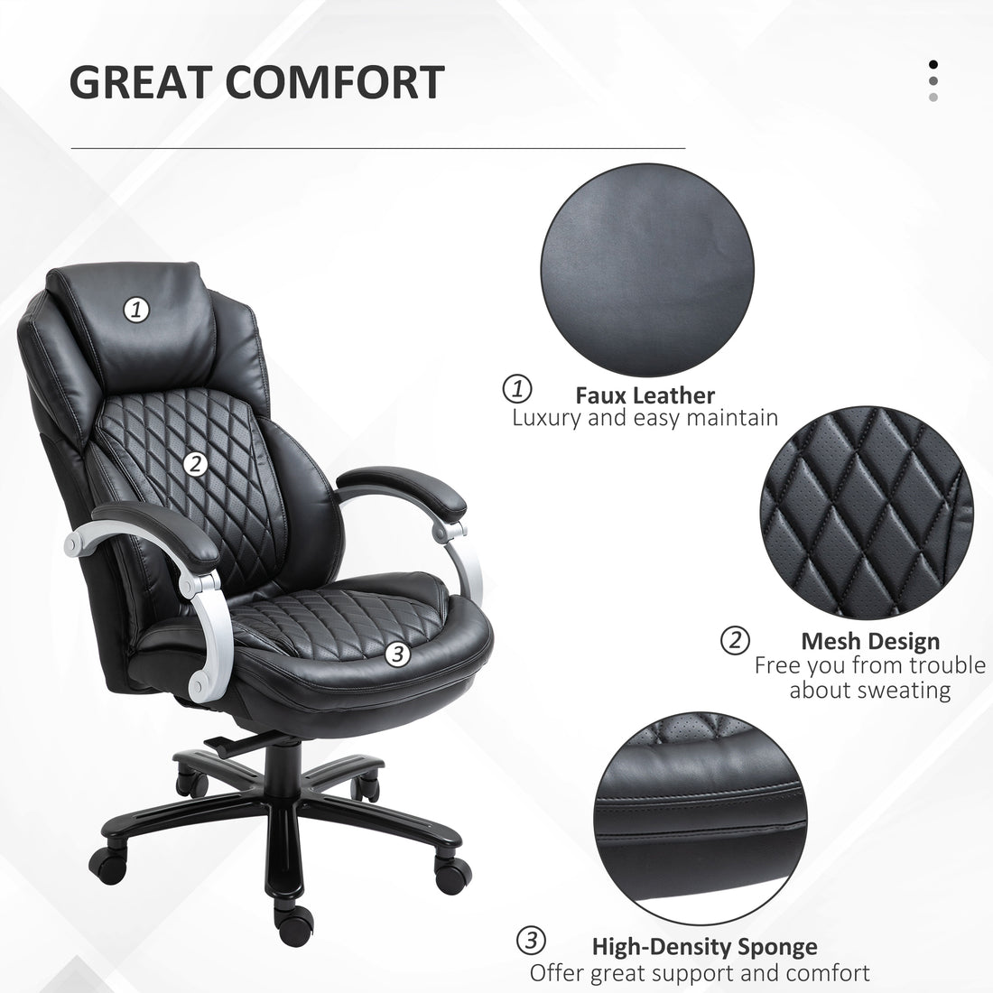 Vinsetto Big And Tall Executive Office Chair With Wide Seat, Computer Desk Chair With High Back Diamond Stitching, Adjustable Height & Swivel Wheels, Black Black Pu Leather