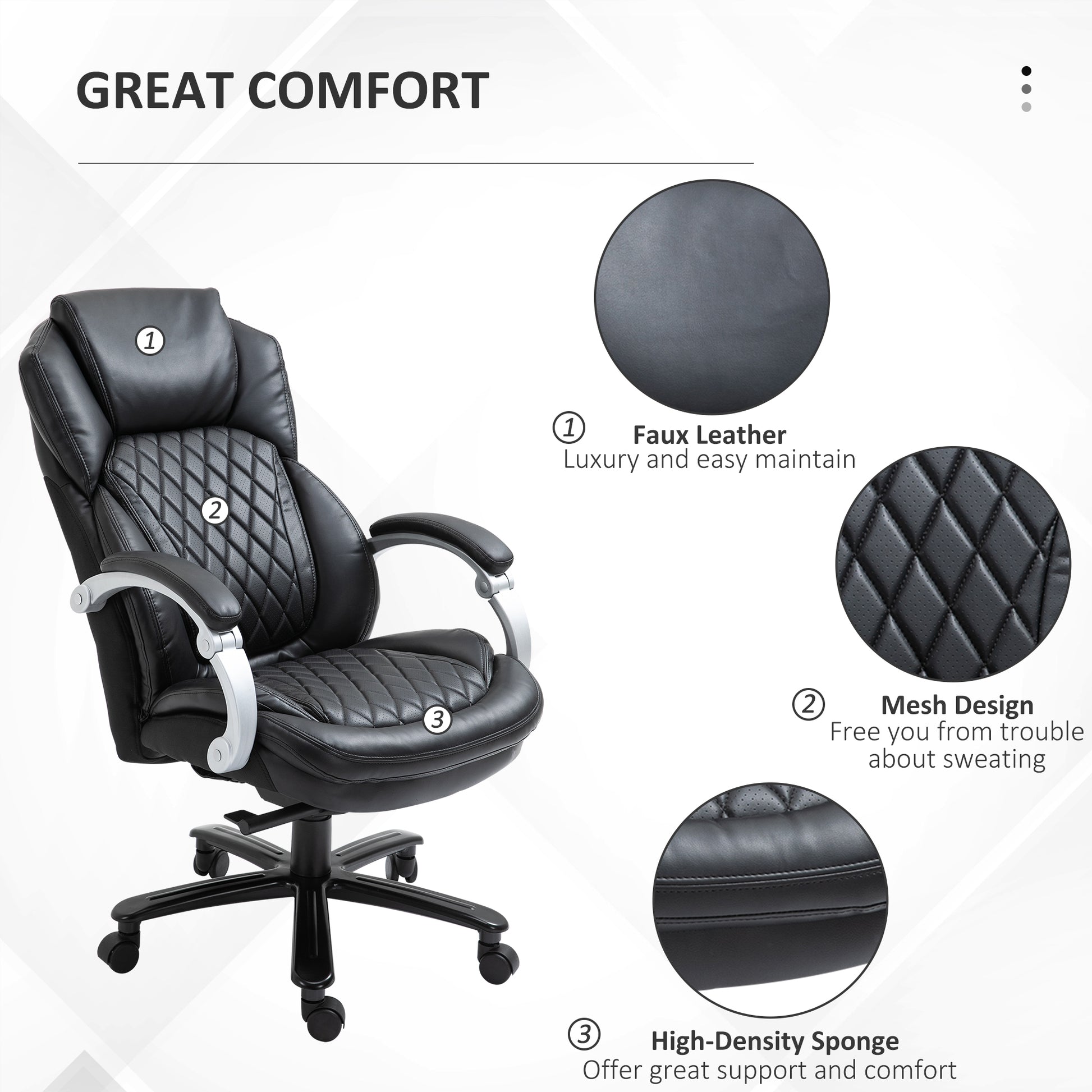 Vinsetto Big And Tall Executive Office Chair With Wide Seat, Computer Desk Chair With High Back Diamond Stitching, Adjustable Height & Swivel Wheels, Black Black Pu Leather