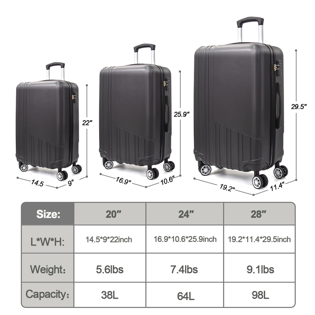 Hard Shell Abs 3 Piece Luggage Set 20 24 28 Inches , With Tsa Lock,And 360 Rotating Wheel ,Effortless Mobility Carry On Suitcase Set Men Women Black Abs