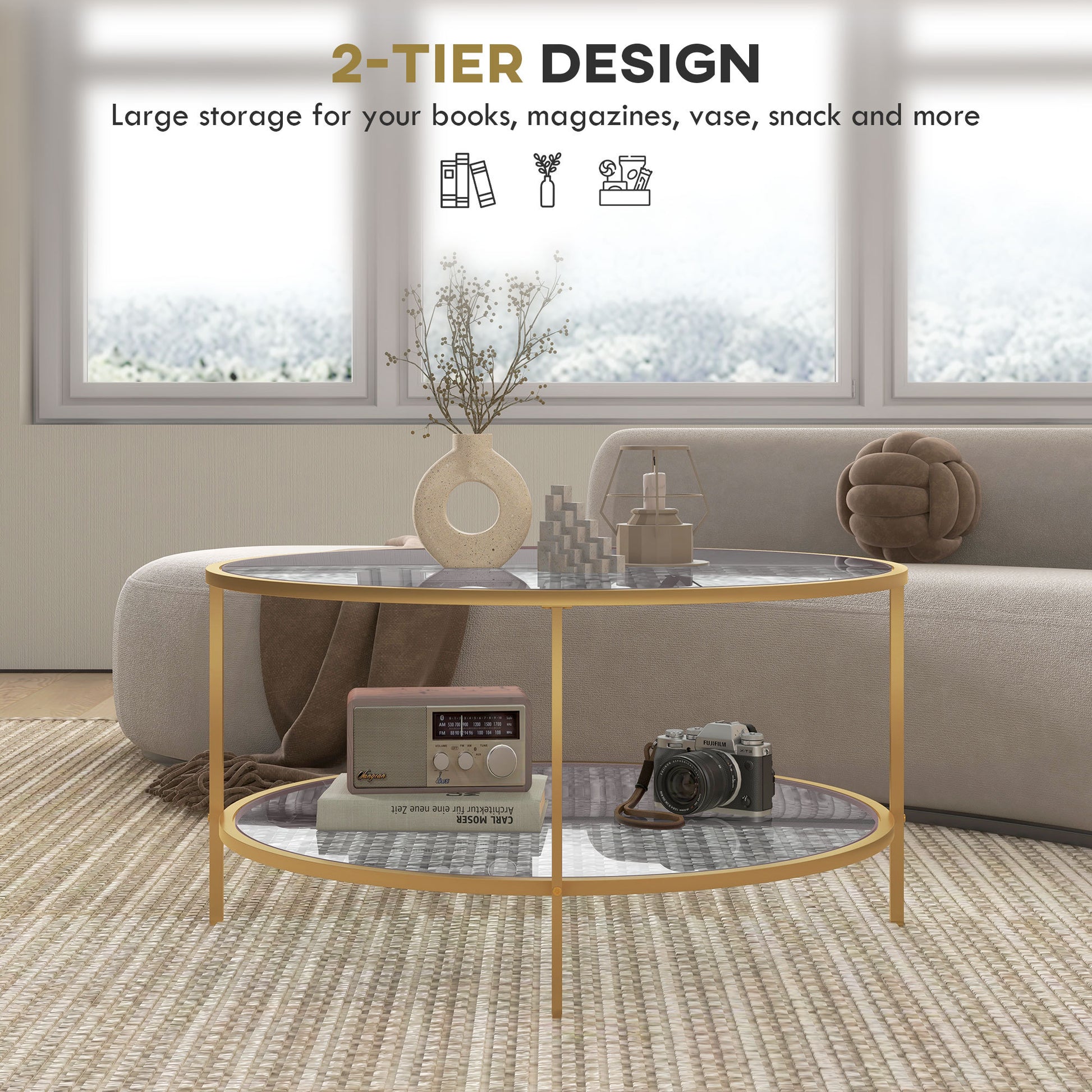 Homcom Side Table With Storage, 32" Round End Table, 2 Tier Tempered Glass Coffee Table With Steel Frame For Living Room, Gold Gold Glass Metal
