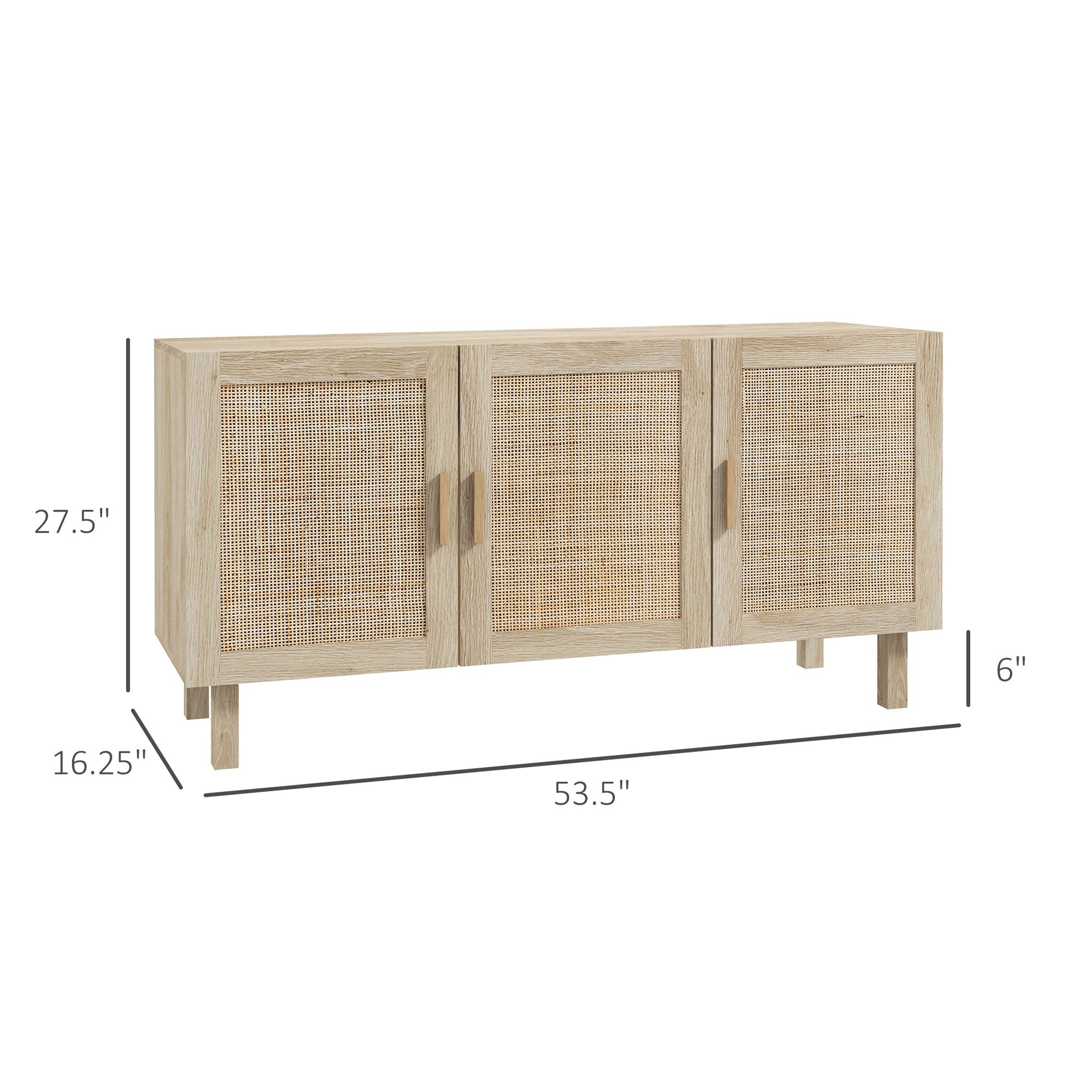 Homcom Sideboard Buffet Cabinet, Kitchen Cabinet, Coffee Bar Cabinet With 3 Rattan Doors And Adjustable Shelves, Natural Mixed Natural Particle Board