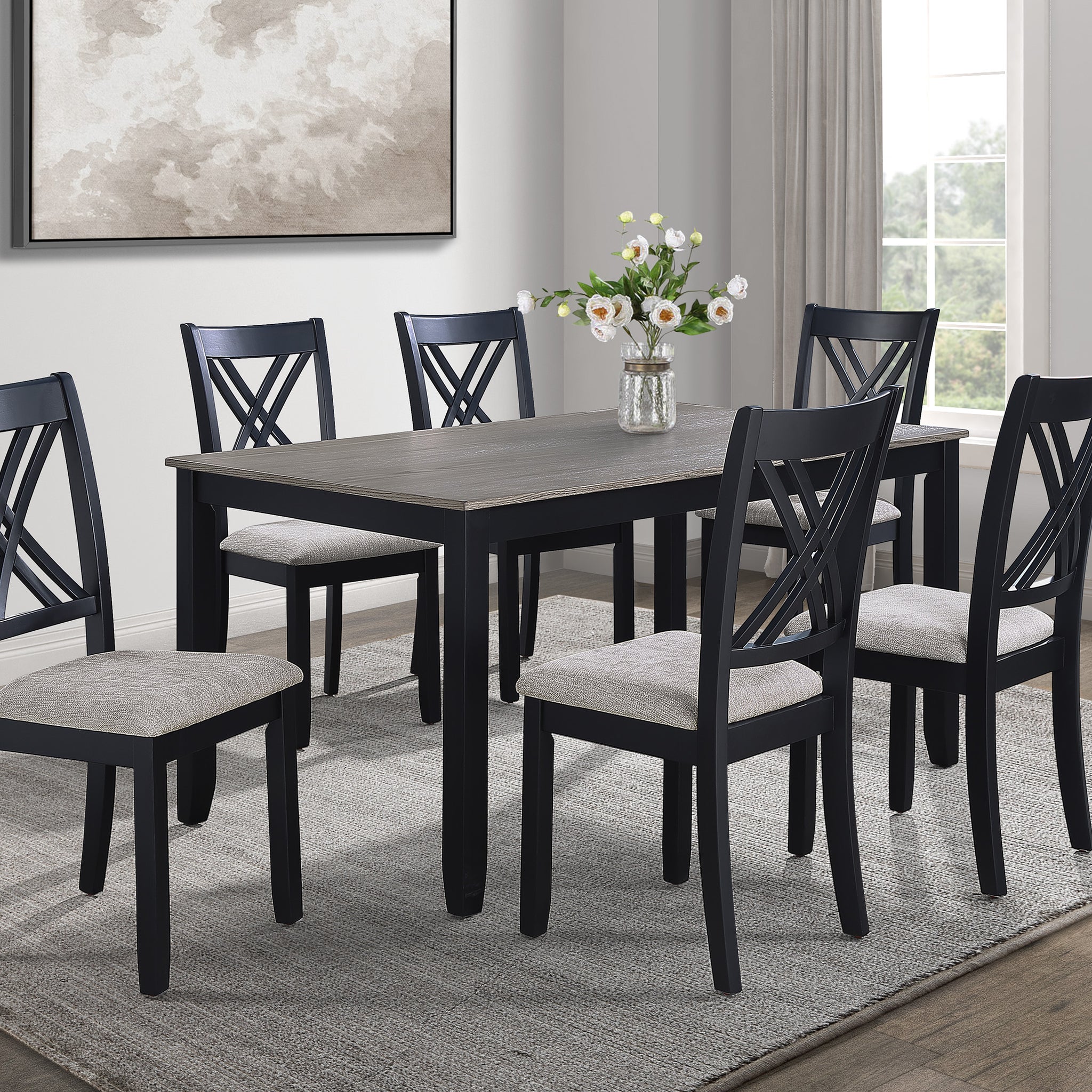 7 Pc Dinette Set Light Black Gray Rectangular Table Grey Upholstered Chairs Transitional Dining Room Wooden Dining Set Furniture Wood Wood Antique White Gray Seats 6 Wood Dining Room 60 Inches Fixed Table Transitional 4 Leg Rectangular Dining Table With