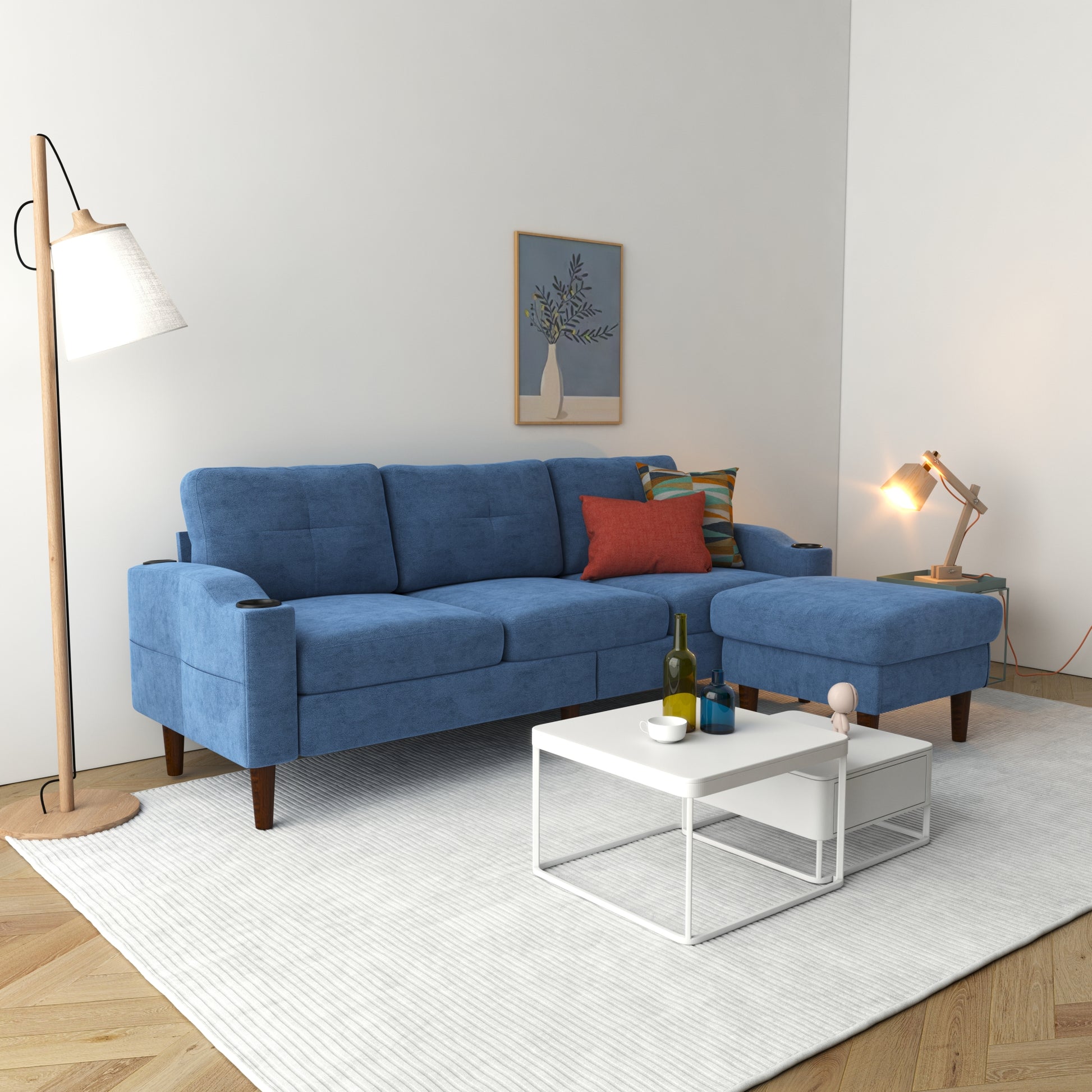 Convertible Combination Sofa Sofa L Shaped Sofa With Storage Cabinet Footstool, Living Room Navy Blue Sofa, Living Room Bedroom Office Small Space 3 Seater Combination Sofa Navy Blue Metal 3 Seat