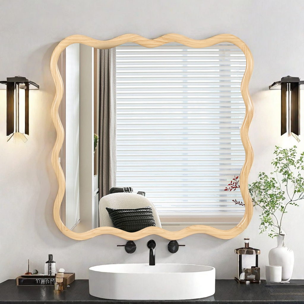 Solid Wood Wavy Square Mirror Natural Wood 36" X 36" Modern Mirror Wall Decor For Bathroom, Bedroom, Living Room, Dining Room, Cloakroom, Entryway Natural Wood Glass Solid Wood