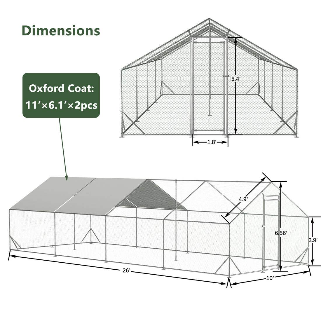 Large Metal Chicken Coop, Walk In Chicken Run,Galvanized Wire Poultry Chicken Hen Pen Cage, Rabbits Duck Cages With Waterproof And Anti Ultraviolet Cover For Outside 10' L X 26' W X 6.56' H Gray Metal