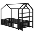 Twin Size Metal House Bed With Fence And Detachable Storage Shelves, Black Twin Black Metal