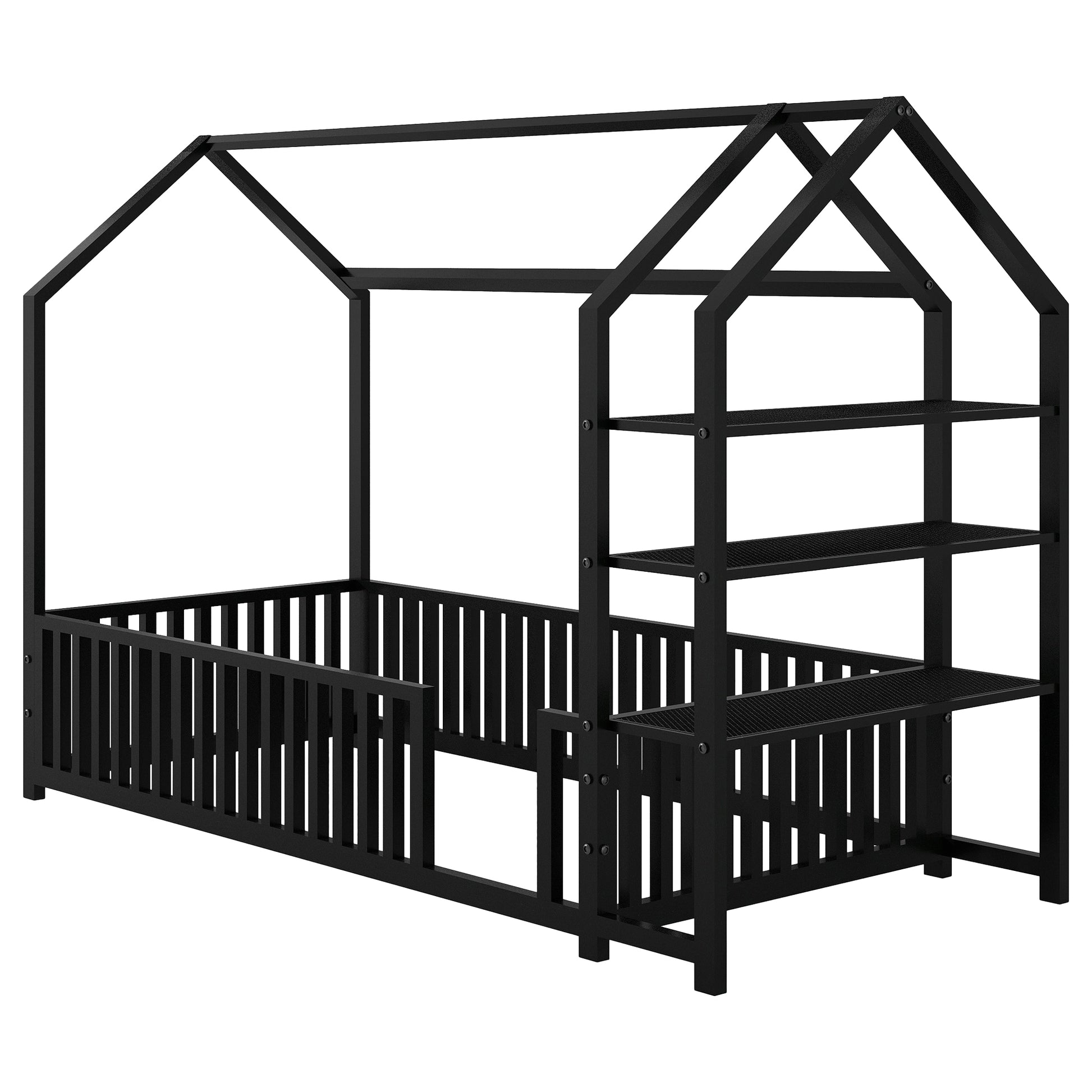 Twin Size Metal House Bed With Fence And Detachable Storage Shelves, Black Twin Black Metal
