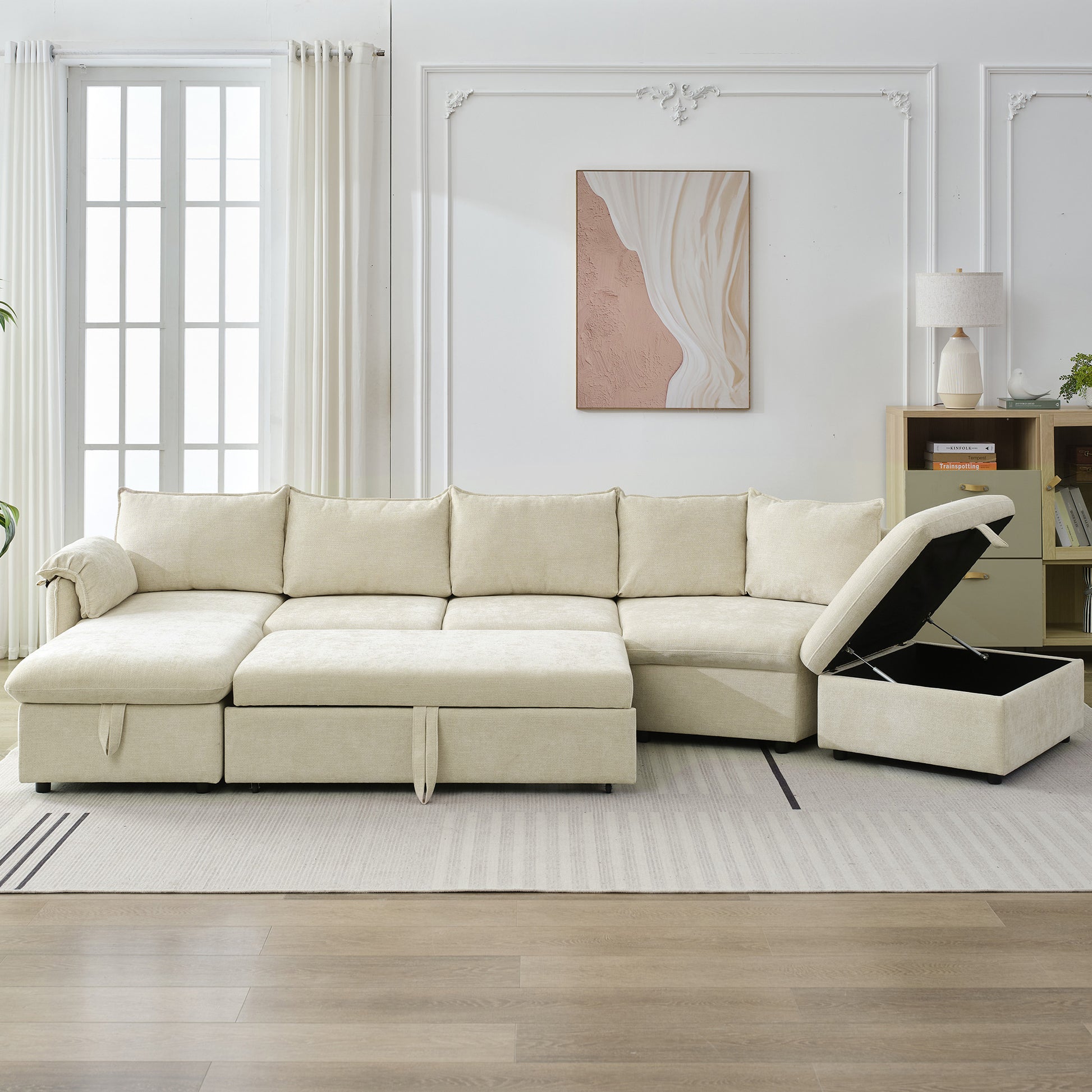 146.9" L Shaped Sofa Sectional Sofa Couch Pull Out Sofa Bed With A Movable Storage Ottoman, A Storage Chaise Lounge And Two Usb Ports For Living Room, Beige Beige Foam Linen 5 Seat