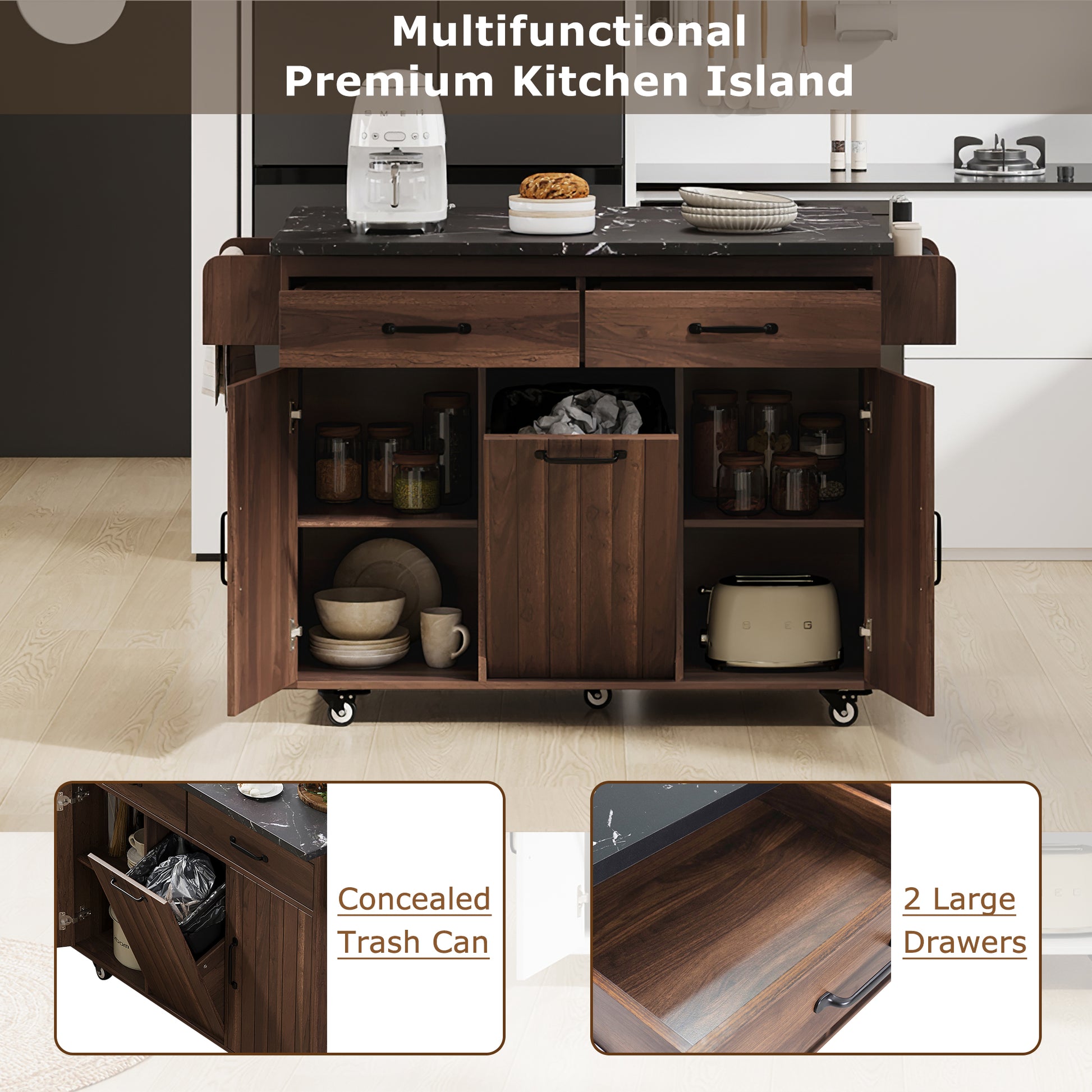 K&K Kitchen Island With Trash Can Storage Cabinet, Kitchen Cart With Drop Leaf, Spice Rack, Towel Rack And Drawer, Rolling Kitchen Island On Wheels With Adjustable Shelf, Walnut Brown Walnut Brown