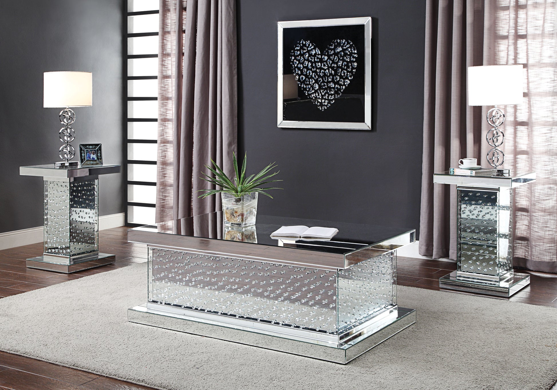 Wood And Mirror Coffee Table With Faux Crystal Inlays, Clear Clear Wood