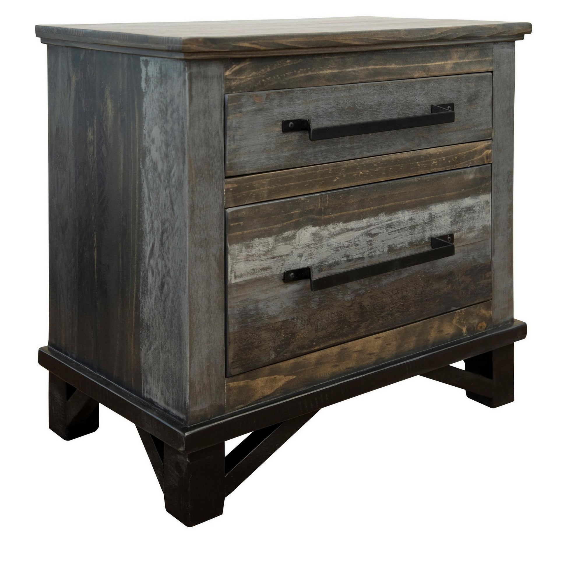 Peya 28 Inch Rustic Nightstand, 2 Drawers, Distress Gray, Brown Pine Wood Grey Brown Wood Metal