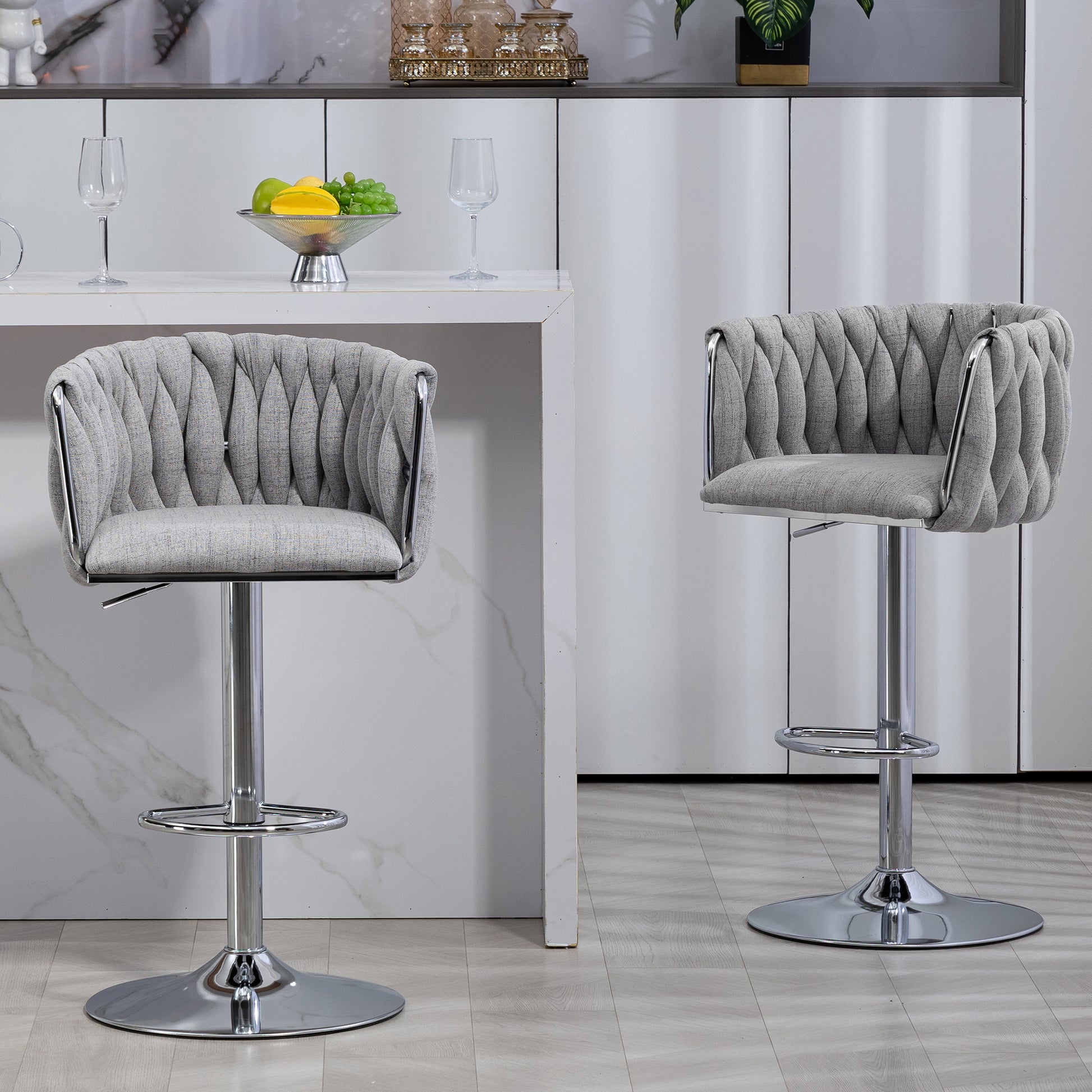 Kitchen Gray And Silver Bar Stools 360 Fabric Cover Swivel Bar