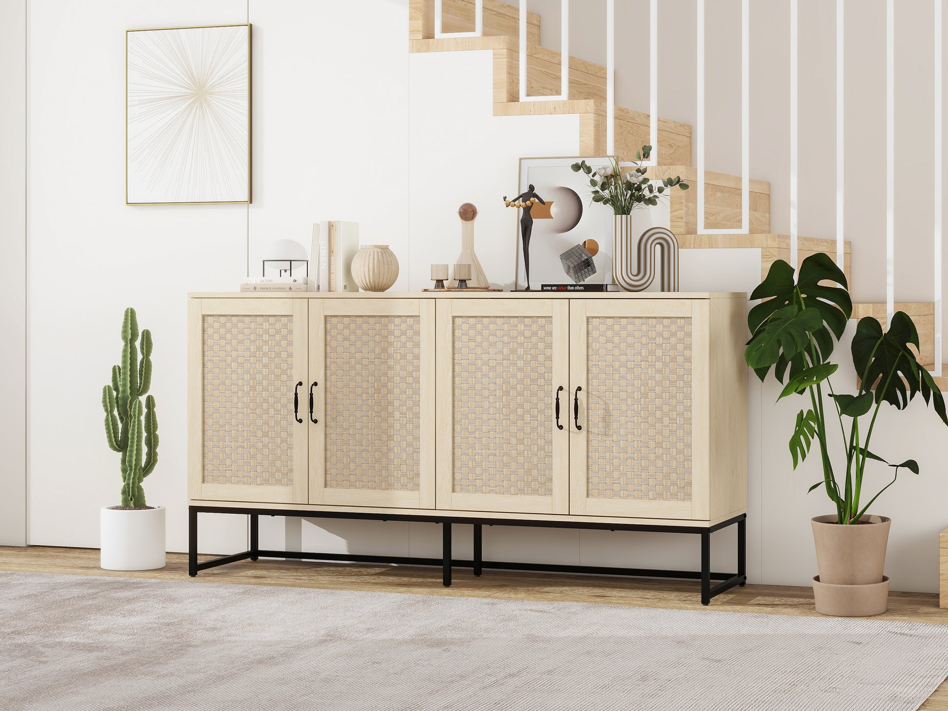 Rattan 4 Door Sideboardsideboard Buffet Storage Cabinet,Accent Storage Cabinetlarge Cabinet With 4 Rattan Decorated Doors For Living Room Dining Room Natural Particle Board Mdf