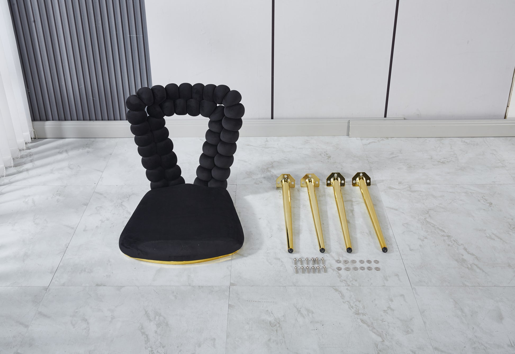 Modern Chair Set Of 2 With Golden Color Iron Tube Legs, Black Soft Cushions And Comfortable Backrest, Suitable For Dining Room, Living Room, Cafe,Hairball Back Gold Black Fabric