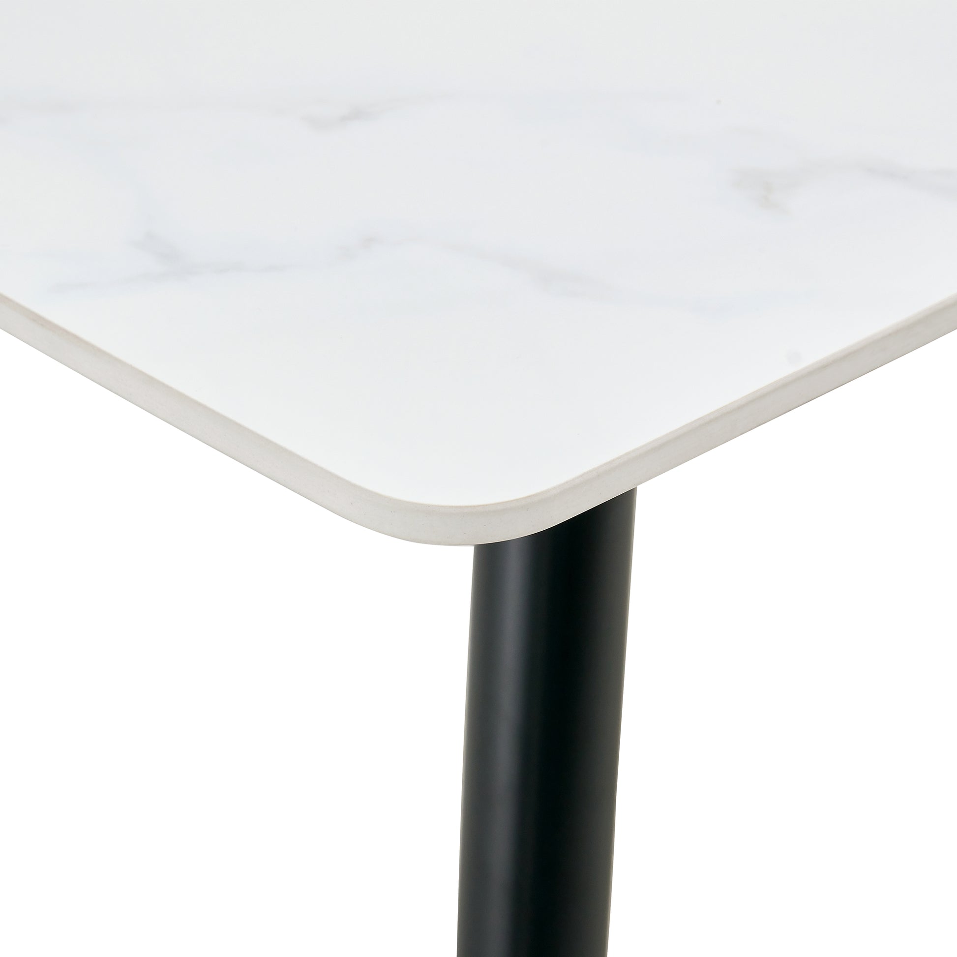 Table And Chair Set, White Imitation Marble Texture Rock Board Table Top, Black Metal Table Legs.Paired With 4 White Artificial Leather Backrest Cushion Dining Chairs With Black Metal Legs. White Black Seats 4 Metal