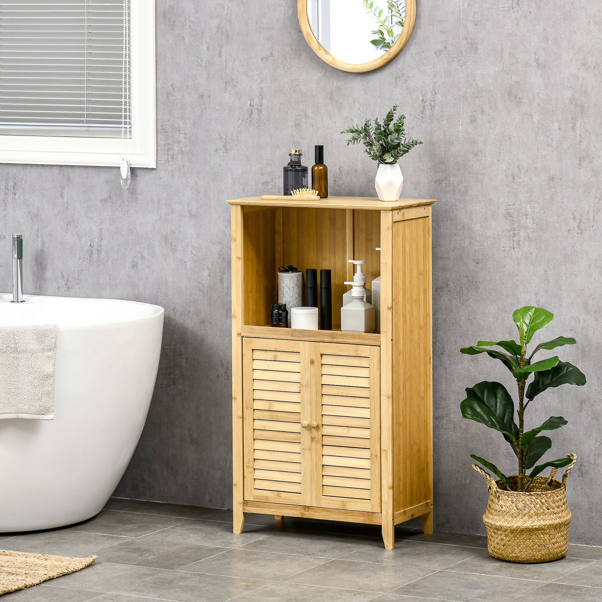 Homcom Bamboo Floor Cabinet Bathroom Floor Cabinet Living Room Organizer Tower With Multiple Shelves And Doors, Natural Natural Bamboo