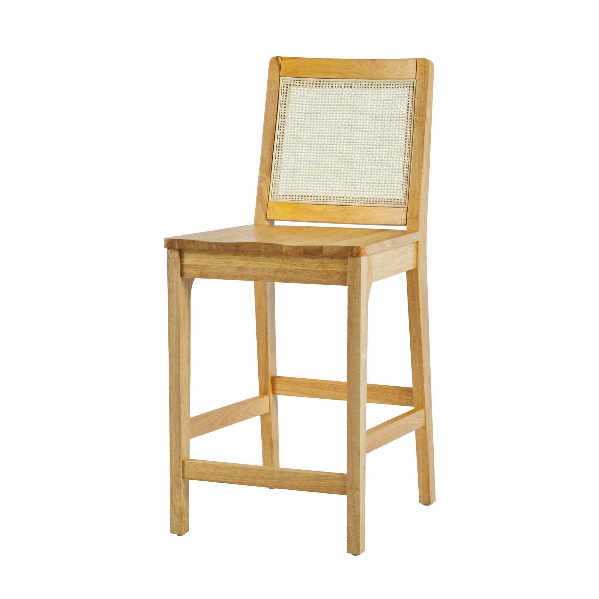 Transitional Solid Wood And Rattan Counter Stool, Set Of 2, Natural Natural Rubberwood Wood