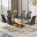 Table And Chair Set.Modern Rectangular Dining Table With Transparent Tempered Glass Tabletop And Gold Plated Metal Legs.Paried With 6 Comfortable Chairs With Pu Seats And Golden Metal Legs. Grey Gold,Transparent Seats 6 Glass Metal