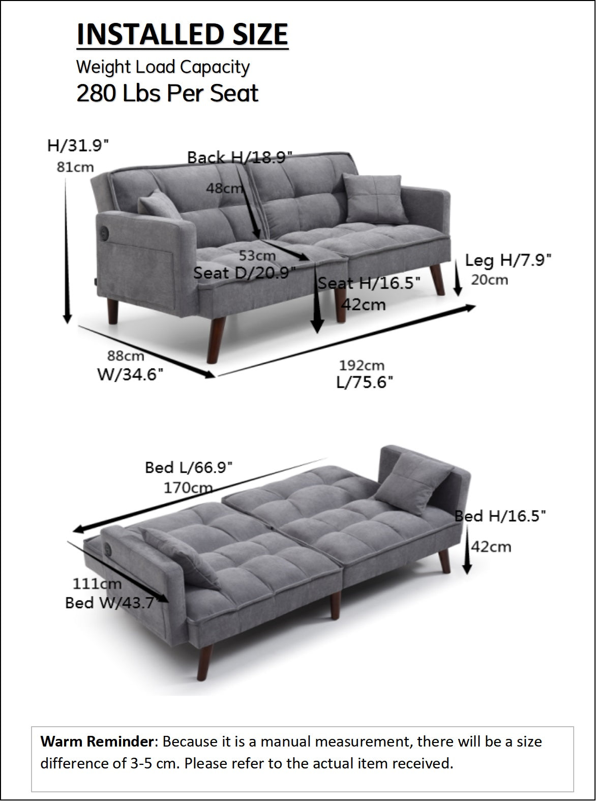 Sofa Bed Sleeper, Large Size, Usb Charging Port, Chenille Fabric Folding Futon Recliner For Living Room Furniture Apartment Bedroom Office Small Spaces Dark Gray Brown Chenille Wood Primary Living Space Medium Soft Tufted Back Modern Rubberwood Square