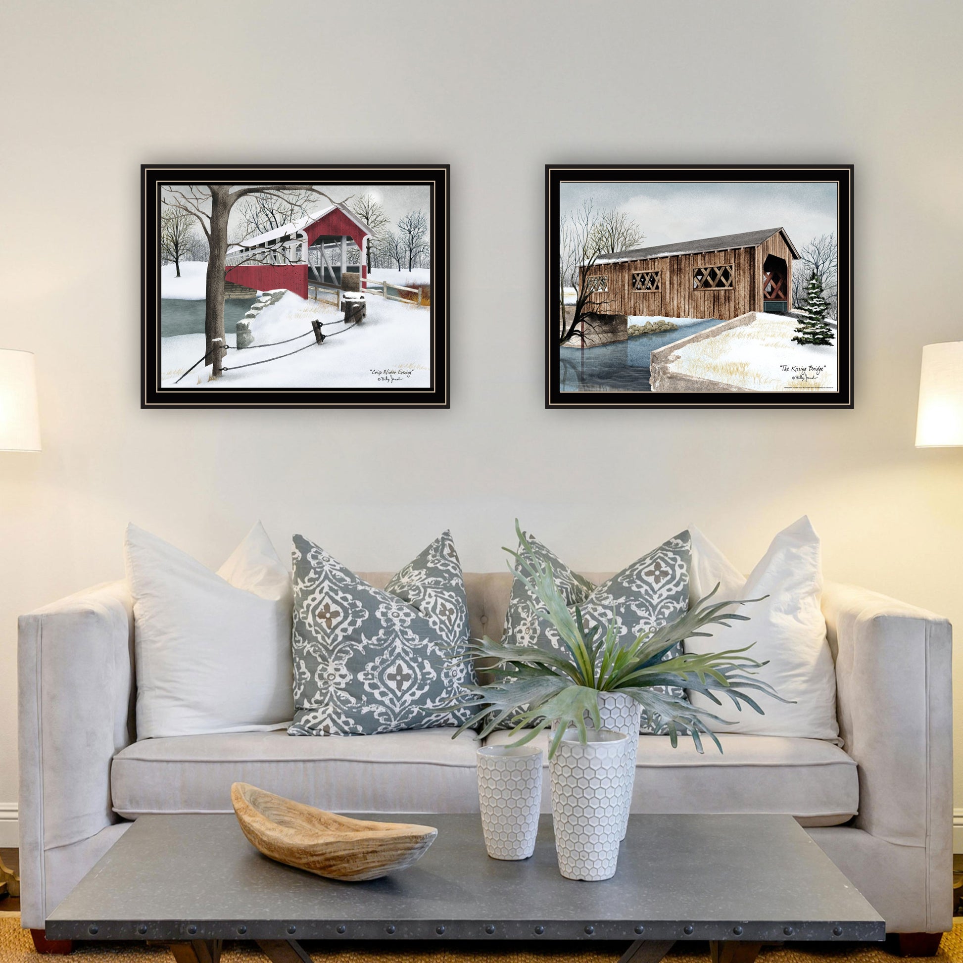 2 Piece Vignette Winter Covered Bridges Black Framed Wall Art For Living Room, Bedroom Wall Art Print For Home Decor By Billy Jacobs Multicolor Wood Paper