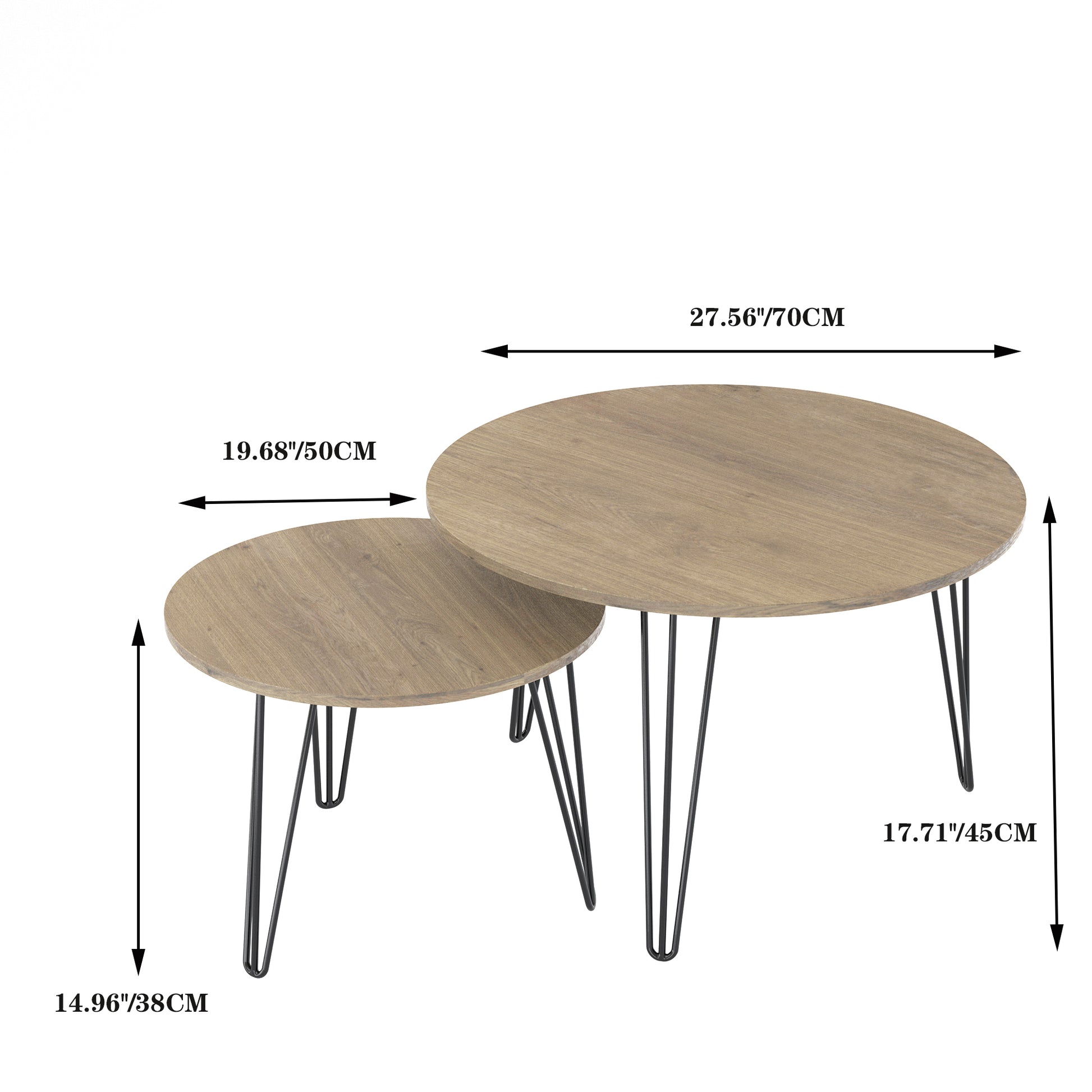 27.56'' Round Nesting Coffee Table Set Of 2, Circular Nesting End Table Set, Round Wooden Tabletop, And Sturdy Metal Base For Living Room, Bedroom, Brown Rustic Brown Round Wood Metal