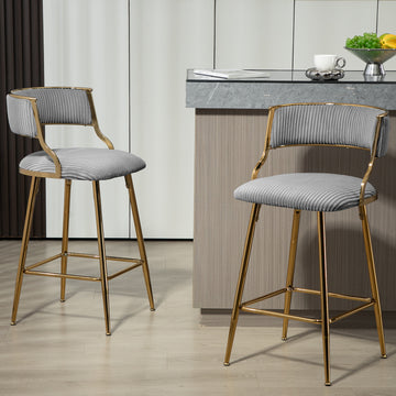 Set Of 2,26'' Counter Height Bar Stools Corduroy Kitchen Island Counter Bar Stool With Back,Golden Chromed Base And Footrest Grey Grey Kitchen Modern Foam Corduroy