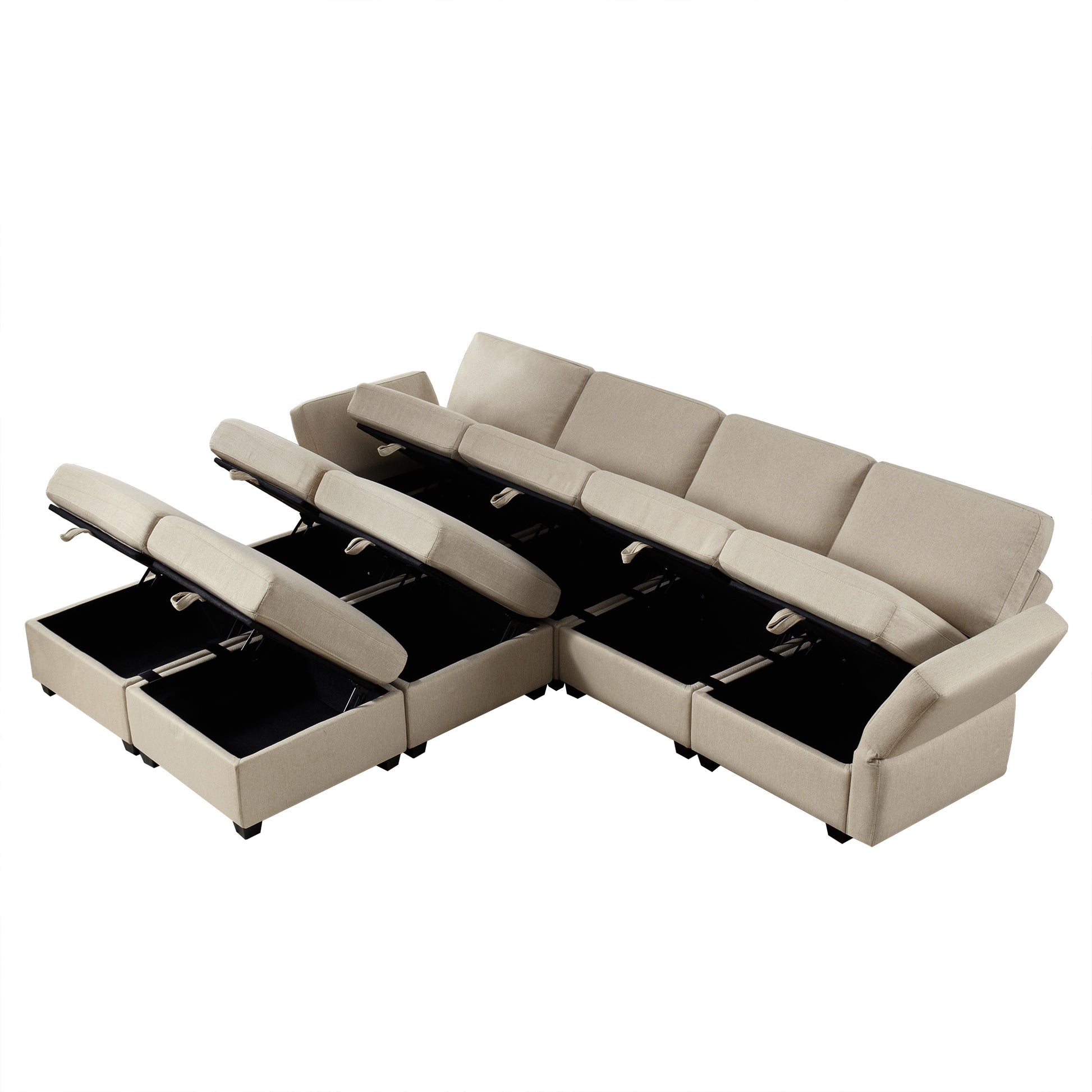 Modular Convertible U Shaped Sectional Sofa Couch With Storage Ottoman Corner Couch For Living Room, Adjustable Arms And Backs Beige Beige Polyester 4 Seat