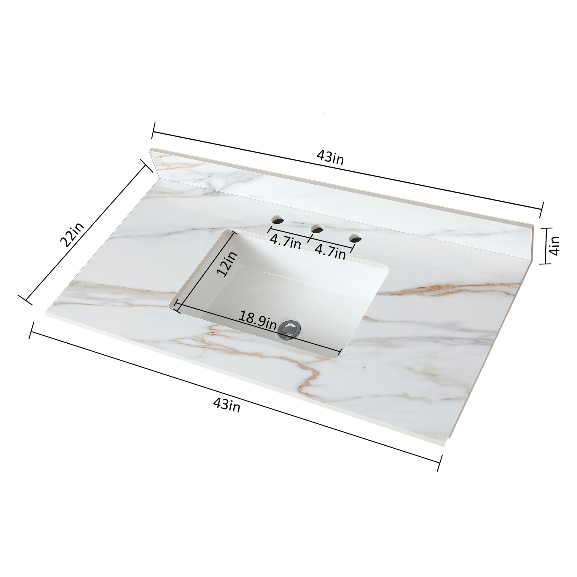 43 Inch Marble Vanity Top, Bathroom Vanity Top With Undermount Rectangular Middle Sink And 4" Height Backsplash, Pre Drilled 8 Inch Faucet Hole Spread Vanity Top, Carrara White With Veins White Marble Bathroom American Design Sintered Stone Sintered