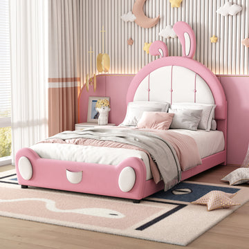 Twin Size Upholstered Platform Bed With Rabbit Shaped Headboard, Pink Box Spring Not Required Twin Pink White Wood Bedroom Bed Frame Faux Leather Upholstered