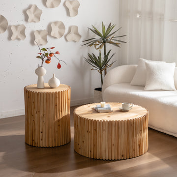 Retro Fashion Style Cylindrical Coffee Table With Vertical Texture Relief Design,Suitable For Living Room,Office,And Dining Room Set Of 2 Natural Mdf