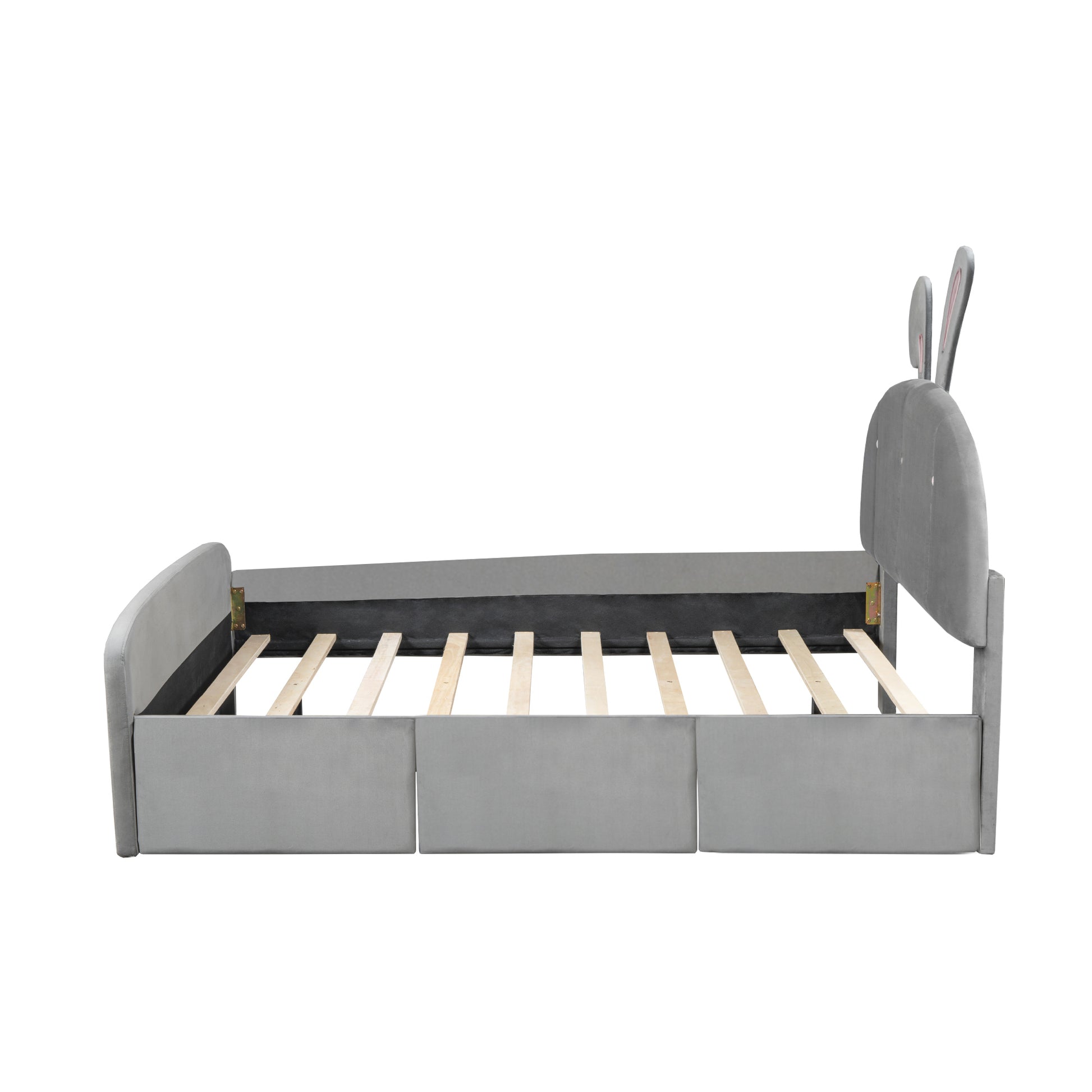 Full Size Velvet Platform Bed With Rabbit Shaped Headboard, With Drawers, With Bed End Storage Pocket, Gray Full Gray Plywood