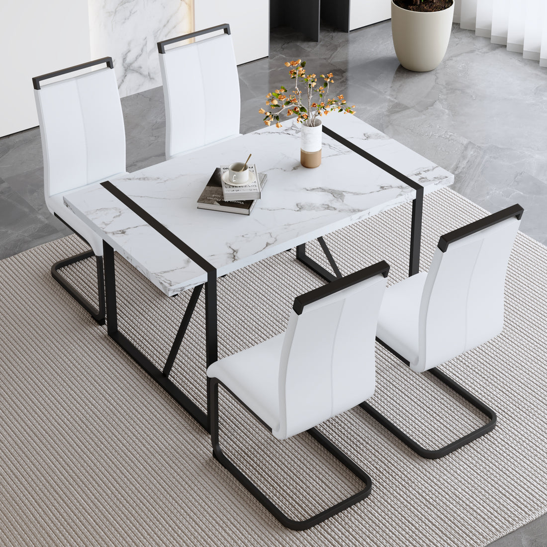 Table And Chair Set.A Modern Minimalist White Marble Veined Mdf Dining Table With Black Metal Frame.Paried With 4 Chairs With White Pu Cushions And C Tube Black Metal Legs. White Seats 4 Mdf Metal