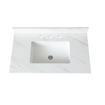 37 Inch Marble Vanity Top, White Vanity Top With Pre Drilled Faucet Holes, Bathroom Vanity Top With Undermount Rectangular Middle Sink And 4" Height Backsplash, Bianco Carrara Venato White Bathroom Sintered Stone