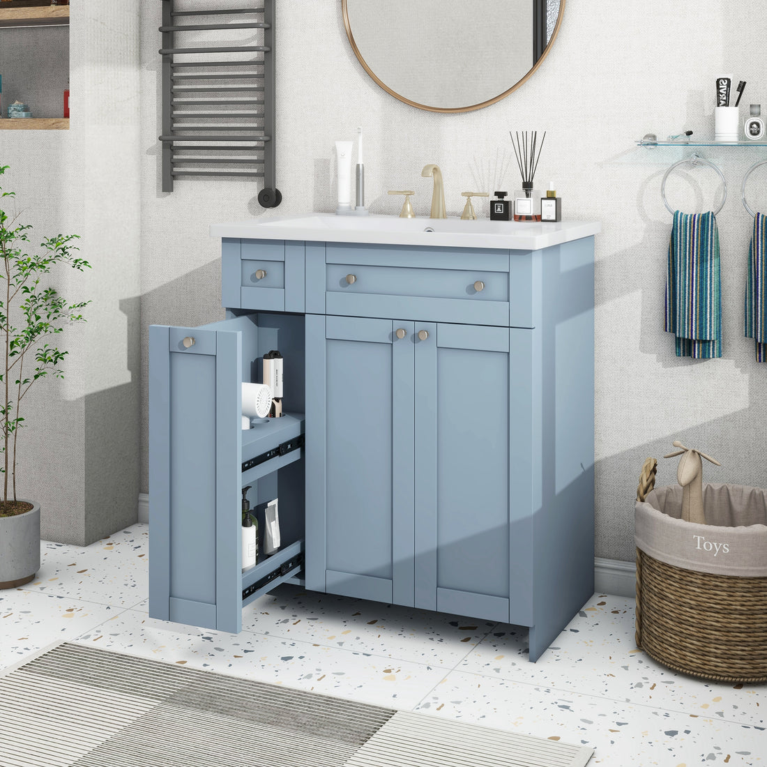 30 Inch Blue Bathroom Vanity With Ceramic Sink Combo, Abundant Storage Cabinet 2 Soft Close Doors And Double Tier Deep Drawer Blue Bathroom Mdf